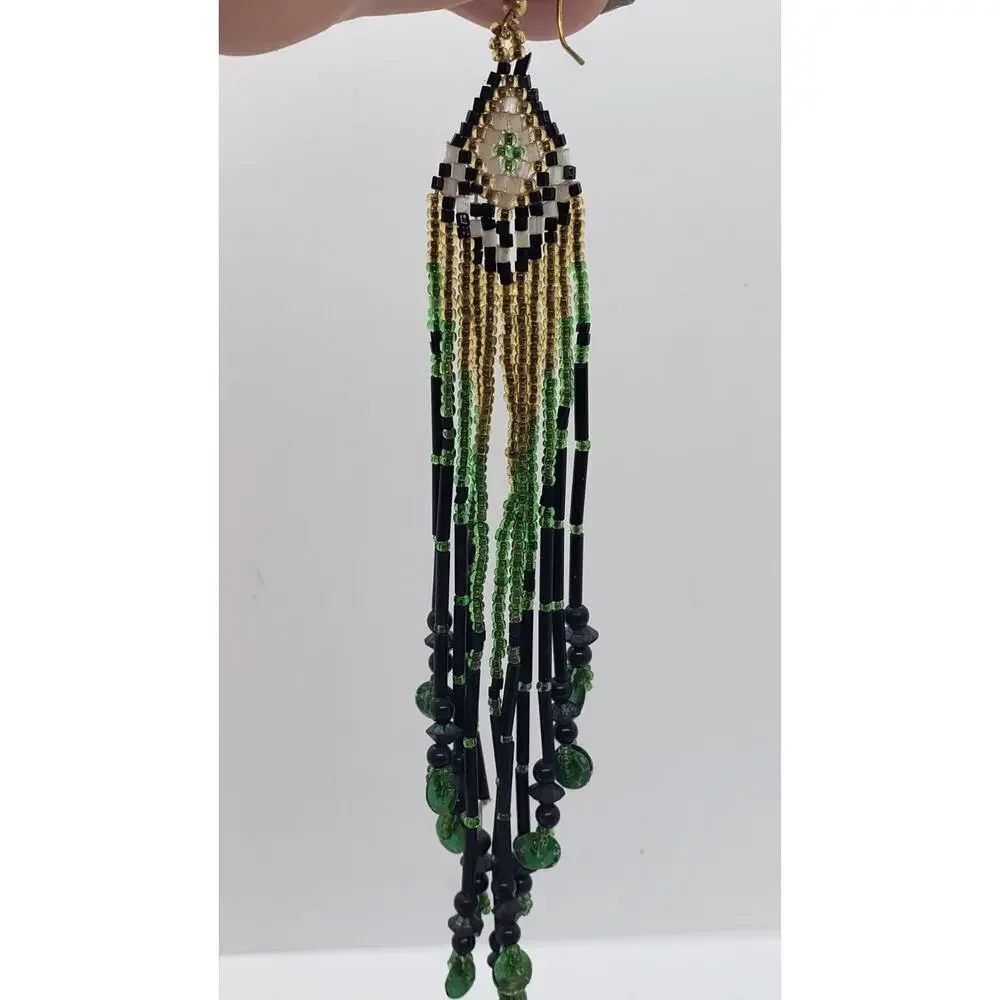 Vintage Earrings Super Long Hand Beaded Fringe Boho Ethnic